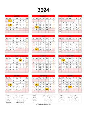 editable 2024 calendar with holidays red style