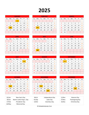 editable 2025 calendar with holidays red style