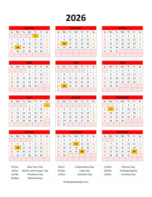 editable 2026 calendar with holidays red style