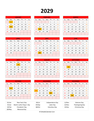 editable 2029 calendar with holidays red style