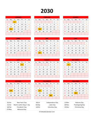 editable 2030 calendar with holidays red style