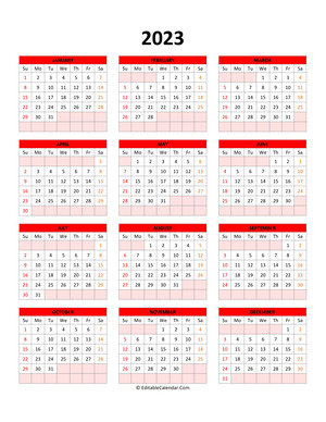 editable calendar template 2023 red style