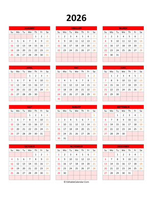 editable calendar template 2026 red style