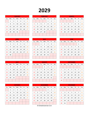 editable calendar template 2029 red style