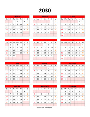 editable calendar template 2030 red style