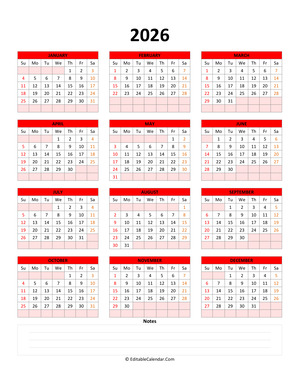 fillable calendar 2026 with notes red style
