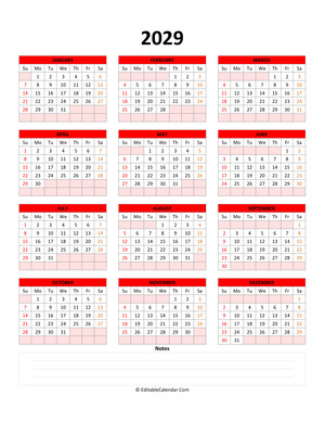 fillable calendar 2029 with notes red style