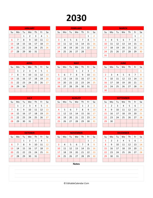 fillable calendar 2030 with notes red style