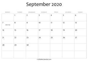 september 2020 printable calendar with holidays