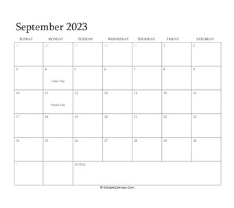 september 2023 editable calendar with holidays