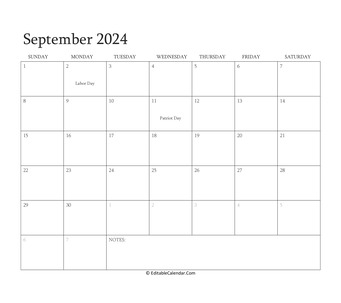 september 2024 editable calendar with holidays