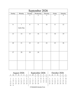 september 2026 editable calendar (portrait layout)