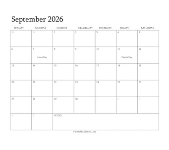 september 2026 editable calendar with holidays