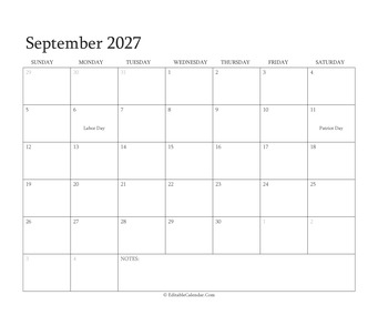 september 2027 editable calendar with holidays